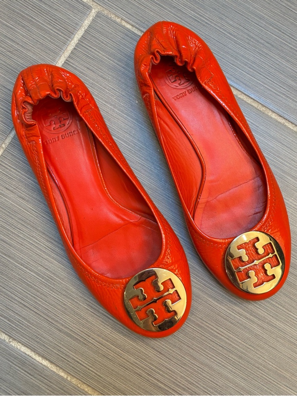 Tory Burch Bright Orange Leather Logo Ballet Flats
